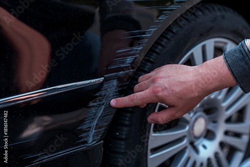 Man inspecting fresh scratch on black car bodywork