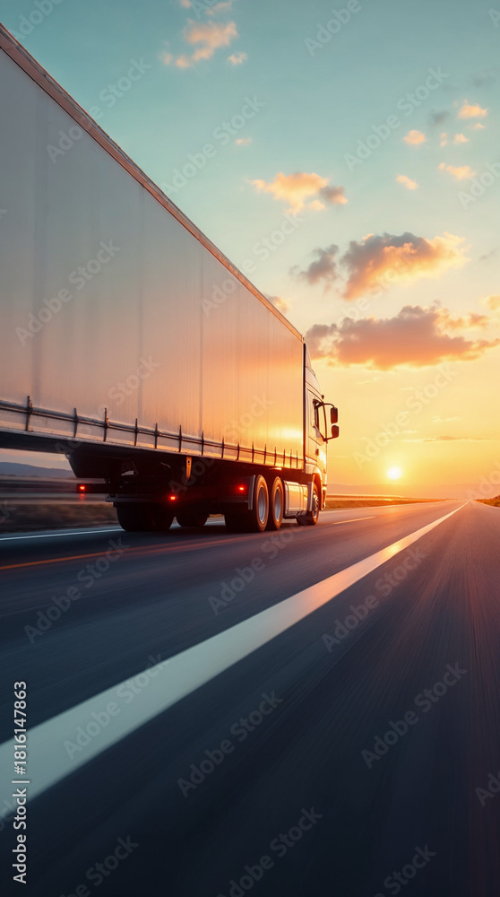 Fototapeta premium White trailer truck driving on empty road at sunset, cinematic speed.