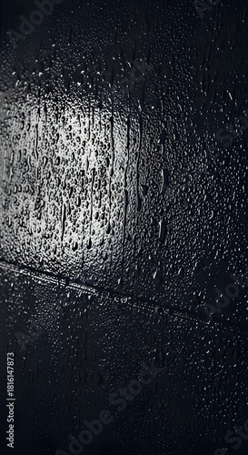 Realistic dark wet wall texture with water droplets and glossy reflections. Industrial moody atmosphere, dramatic shadows, perfect for podcast backgrounds or desktop wallpaper
