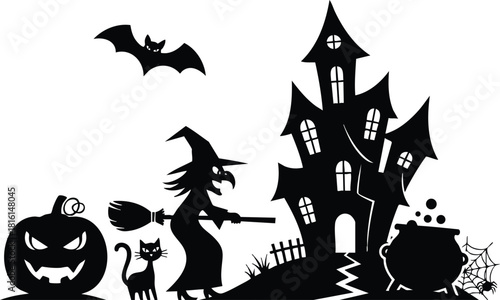 Halloween witch with black cat, pumpkin, bat, and haunted house illustration for spooky decorations 
