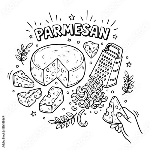 символов	Parmesan Cheese Doodle Vector Set with Grater, Wheel, Slices, and Shredded Strands in Black and White Outline Style.