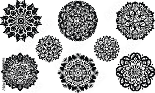 Intricate black and white mandala designs featuring various patterns and shapes for creative projects and artistic inspiration 