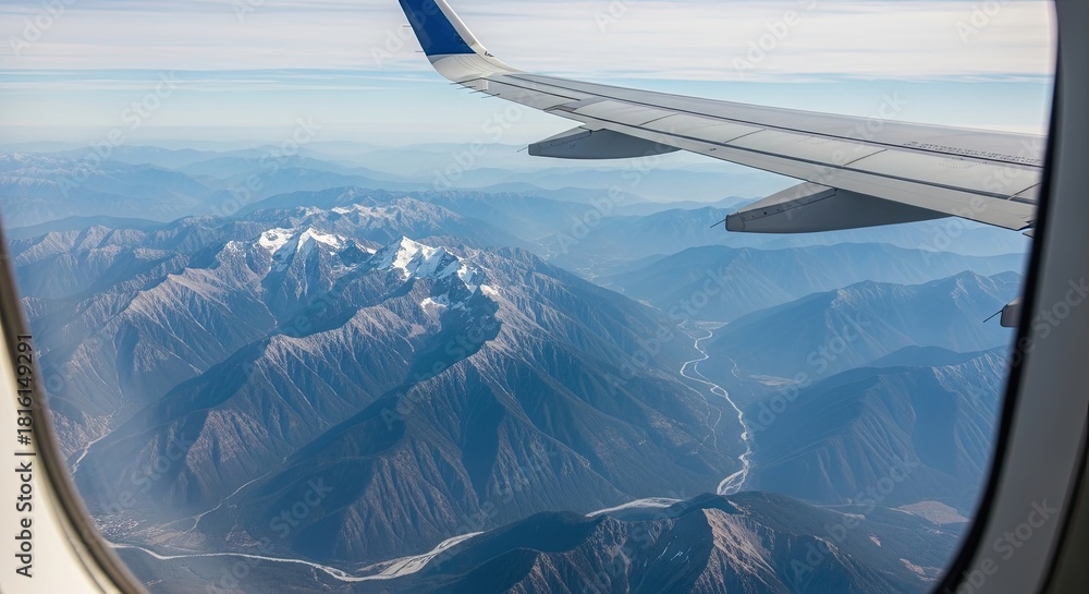 Obraz premium Breathtaking aerial view from an airplane window over a majestic mountain range with snow-capped peaks and a winding river, seen past the aircraft wing on a clear sunny day