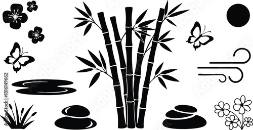 Bamboo silhouette with butterflies, flowers, and stones creating a tranquil nature scene for relaxation 