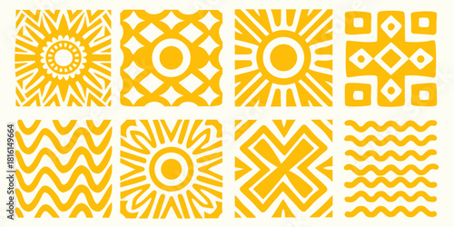 Collection of yellow geometric patterns in a square grid on white background