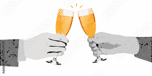 Champagne toast illustration with two hands clinking glasses in celebration