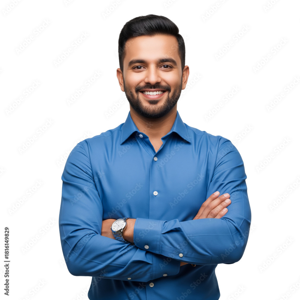 Naklejka premium Young Indian business man standing confident and crossed arms isolated on white or transparent background