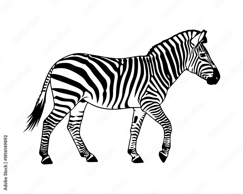 Fototapeta premium Bold black and white vector illustration of a majestic zebra walking gracefully, showcasing its distinctive stripe pattern against a pristine, isolated background