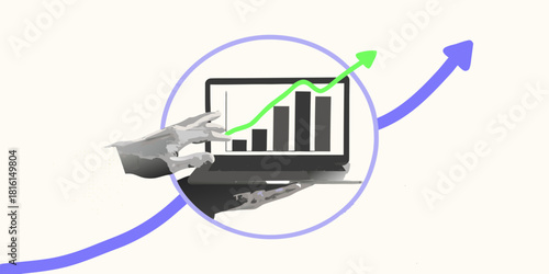 Digital growth analysis on laptop with rising graph and arrow