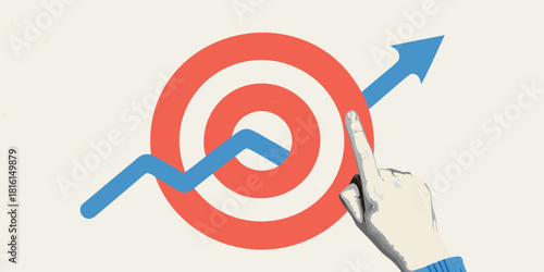 Reaching goals hand pointing to target with upward trend arrow