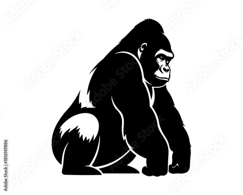 Bold black silhouette vector illustration of a powerful gorilla sitting in a strong and reflective pose, showcasing its impressive physique and wild nature