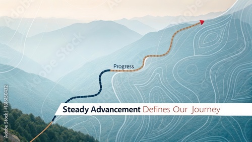 A conceptual winding path labeled progress ascends through misty blue mountains symbolizing steady advancement defining our journey towards future goals.