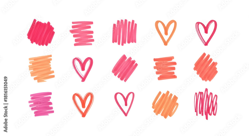 Fototapeta premium A collection of colorful, hand-drawn hearts and abstract scribbled strokes in pink and orange hues