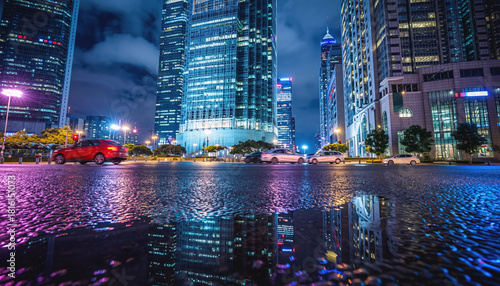 Futuristic cityscapes reflect in rainslicked streets at night.  Motion blurs hint at vibrant urban life. Ideal for illustrating finance, technology, or travel.