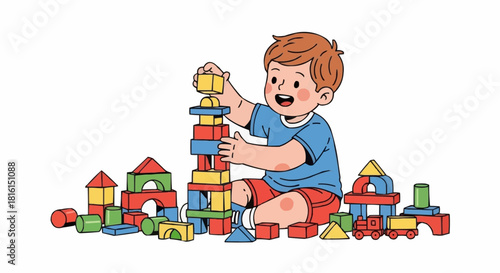 Boy Concentratedly Stacking Colorful Toy Blocks into a Tower.