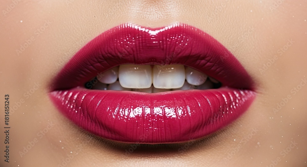 Obraz premium Glamorous macro shot of a woman's sensual plump lips with vibrant magenta glossy lipstick, her mouth slightly open revealing perfect white teeth in a beauty concept
