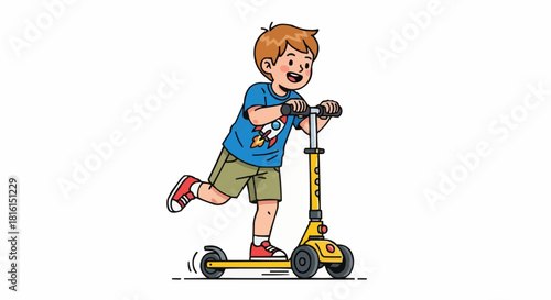 Happy cartoon boy riding a yellow kick scooter.