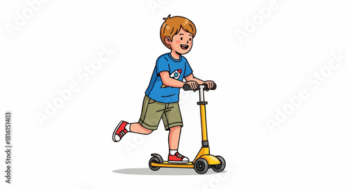 Young boy happily riding a yellow scooter outdoors.