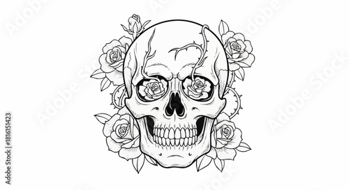 Skull with Roses Tattoo Design Black and White Illustration.