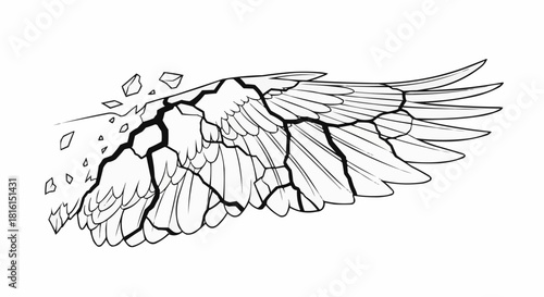 Broken stone angel wing crumbling into small pieces.