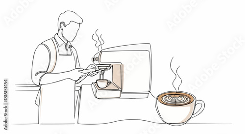 Continuous line drawing of a barista preparing a fresh cup of coffee.