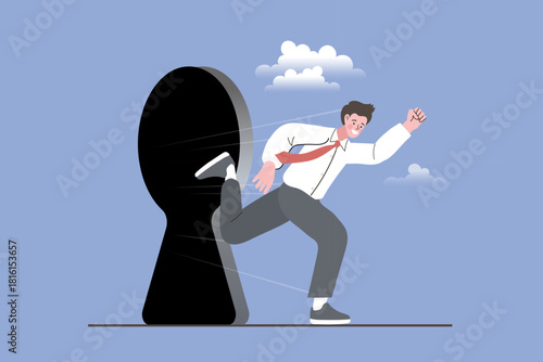 Unlock your potential with this business success concept. A determined businessman runs out of a dark keyhole into the light, symbolizing finding a solution, escaping problems, and new opportunities.