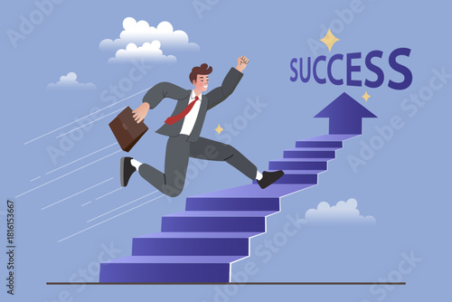 Happy businessman running up arrow stairs to reach success text. Concept of fast career growth and goal achievement. Vector illustration of leadership and ambition on blue background.