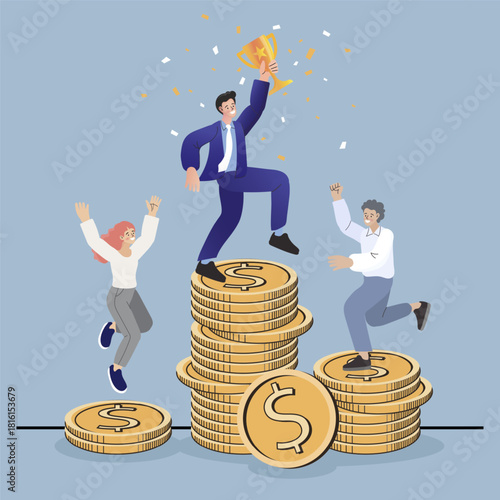 Happy businessman holding gold trophy standing on top of big money coin stack. Group of business people celebrating financial success and wealth. illustration of sales winner and investment growth.