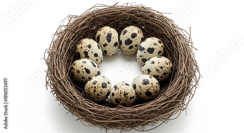Overhead shot of speckled quail eggs nestled in a birds nest.