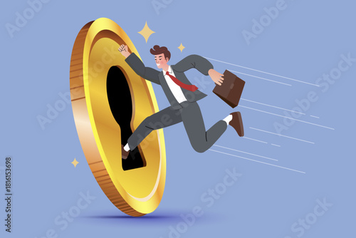 Businessman running through a keyhole in a big gold coin. Concept of financial opportunity and unlocking wealth. Vector illustration of male character carrying a briefcase jumping into success.