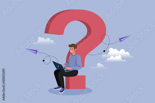 Young man sitting on a big red question mark using a laptop. Concept of online search for answers and customer support FAQ. Vector illustration of freelancer working with paper airplanes flying.