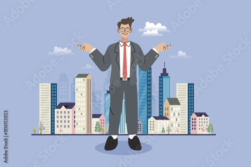 Real estate agent presenting urban city buildings. Businessman standing with open hands for property investment concept. Vector illustration of modern architecture background.