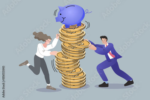 Man and woman pushing wobbly coin stack with piggy bank to keep balance. Concept of financial crisis management and saving struggle. Vector illustration of teamwork stabilizing economy.