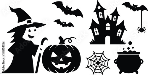 Halloween witch, pumpkin, bats, haunted house, spider, and cauldron vector illustration for festive decorations and celebrations 