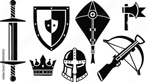 Medieval weapons and armor vector illustration featuring swords, shields, helmets, and crossbows for historical themes 