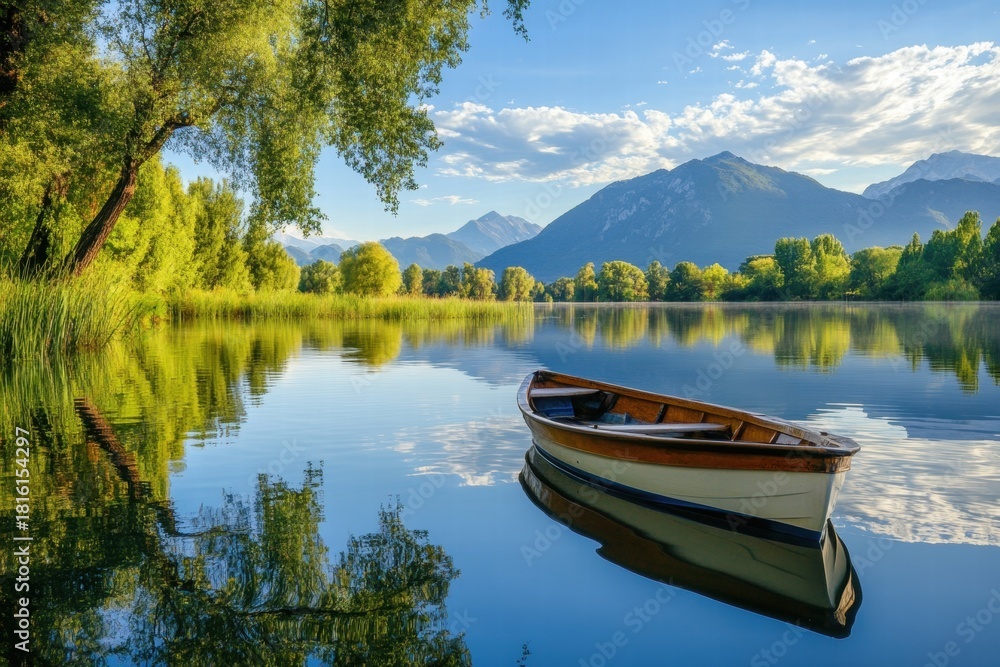 Obraz premium Quiet lakeside scene with vivid green reflections