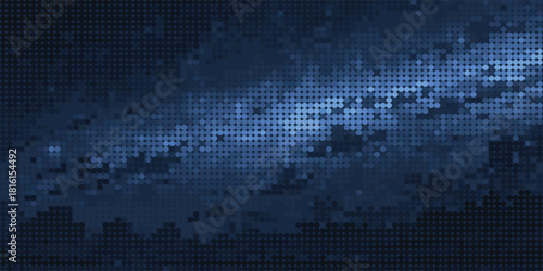 Dark, abstract background featuring a blue and navy gradient, rendered in a detailed halftone dot grid. Visualizes a digital night sky or cosmic theme, ideal for technology and futuristic design