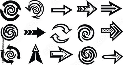 Abstract directional and spiral arrow vector icons for graphic design projects and visual communication 