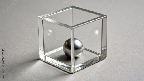 A precisely cut clear glass cube containing a reflective metallic sphere against a muted background