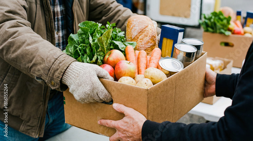 Volunteer giving food donation box to poor family hands grocery humanitarian aid charity support community help hunger relief cardboard package vegetables fruit kindness social work delivery service