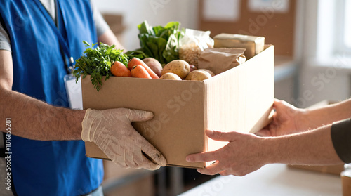 Volunteer giving food donation box to poor family hands grocery humanitarian aid charity support community help hunger relief cardboard package vegetables fruit kindness social work delivery service