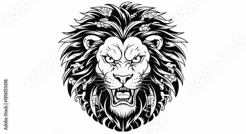 Majestic lion head illustration with detailed mane and fierce expression.