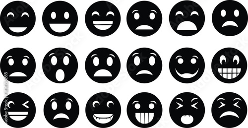 Various emoticons showcasing a range of facial expressions and emotions in black and white vector format 