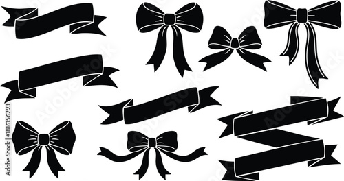 Decorative ribbons and bows suitable for various occasions like gifts and celebrations, perfect for design projects and crafts 