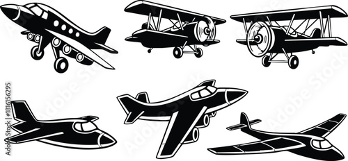 Various types of airplanes including jets and biplanes in a vintage style vector illustration for aviation enthusiasts 