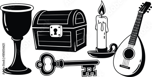 Vintage treasure chest with key, goblet, candle, and mandolin in black silhouette design for creative projects 