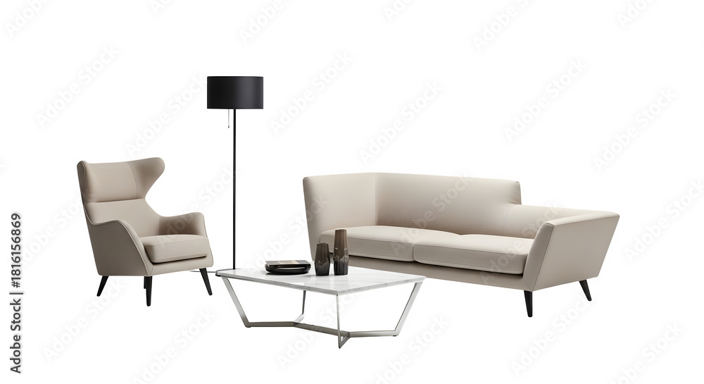 Fototapeta premium Beige sofa, armchair, coffee table, and floor lamp isolated on transparent background