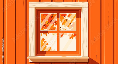 Vibrant autumn foliage outside a rustic wooden window, bathed in warm light, creating a peaceful seasonal concept, perfect for fall designs and cozy atmosphere illustrations