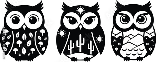 Colorful and playful owl illustrations featuring unique designs and patterns for creative projects and decorations 