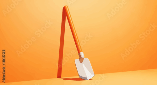 Minimalist orange and white shovel illustration, leaning against a vibrant orange wall; a clean graphic symbol of diligent work, new beginnings, essential tools, or foundational efforts